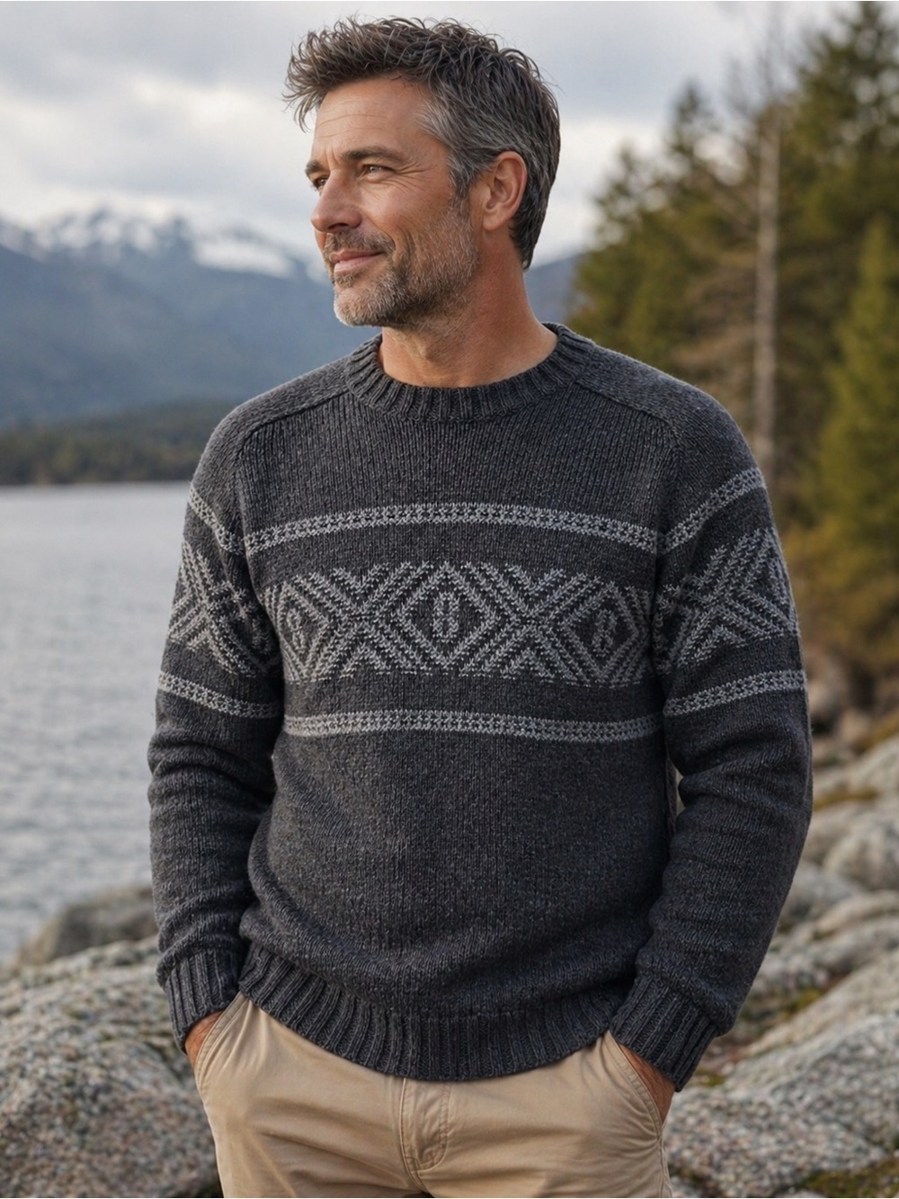 Eddie Bauer Mens Sweater Sz Large Gray Cotton Wool Ski Nordic Knit Pullover - Picture 1 of 7